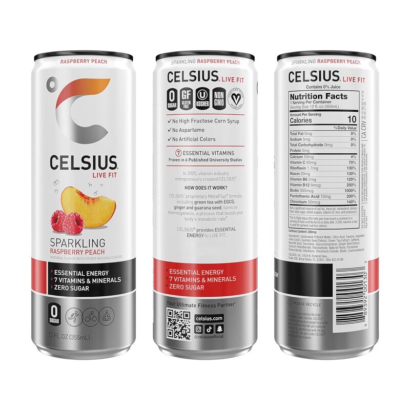 CELSIUS Sparkling Raspberry Peach Pack of 12 Energy Drink